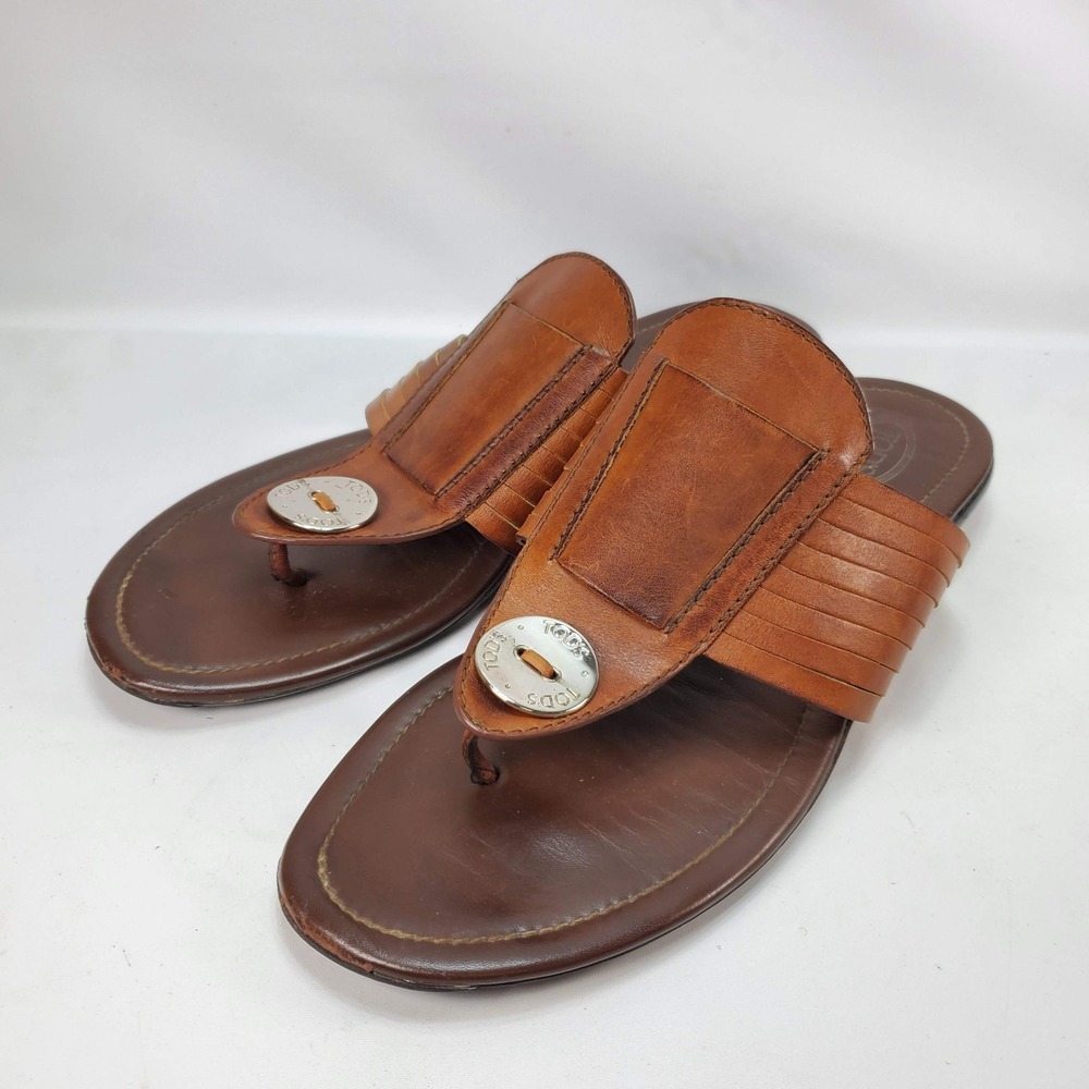 Tod's Thong Sandals Womens 10 Brown Leather Logo Medallion Italian Luxury Flat